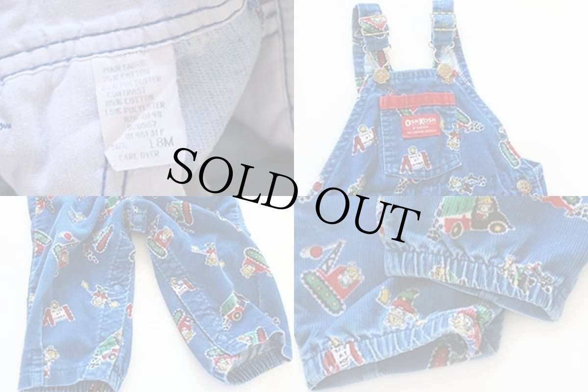 画像3: 80s USA製 OSHKOSH B'GOSH 働く車 総柄 プリント コーデュロイ オーバーオール 青 18M★サロペット (3)