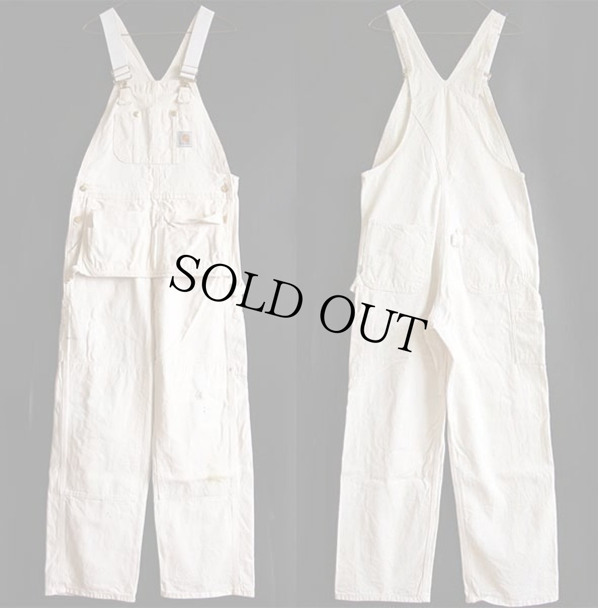 画像2: 90s USA製 carharttカーハート エプロン付き ダブルニー オーバーオール ペンキ飛び 生成り w32 L32 (2)