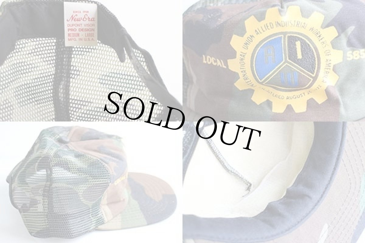 画像4: デッドストック★80s USA製 LOCAL 585 プリント 迷彩 メッシュキャップ★ウッドランドカモ (4)