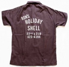 画像1: 70s USA製 Hiltonヒルトン RON'S HOLIDAY SHELL Joyチェーン刺繍 ボウリングシャツ 茶 34 (1)
