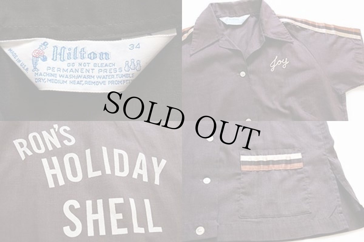 画像3: 70s USA製 Hiltonヒルトン RON'S HOLIDAY SHELL Joyチェーン刺繍 ボウリングシャツ 茶 34 (3)