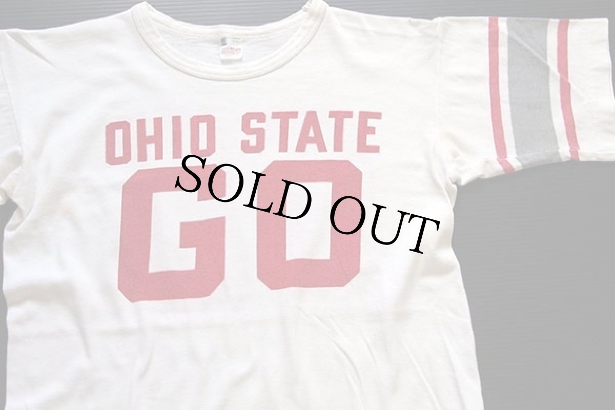 画像1: 50s USA製 CHAMPIONチャンピオン ランタグ OHIO STATE GO 両面 染み込みプリント コットン フットボールTシャツ 白 L (1)