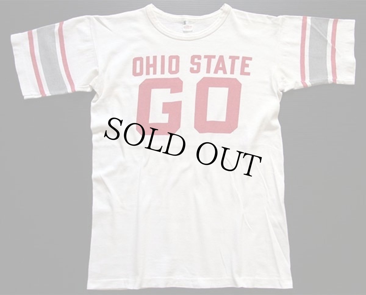 画像1: 60s USA製 CHAMPIONチャンピオン ランタグ OHIO STATE GO 両面 染み込みプリント コットン フットボールTシャツ 白 L (1)