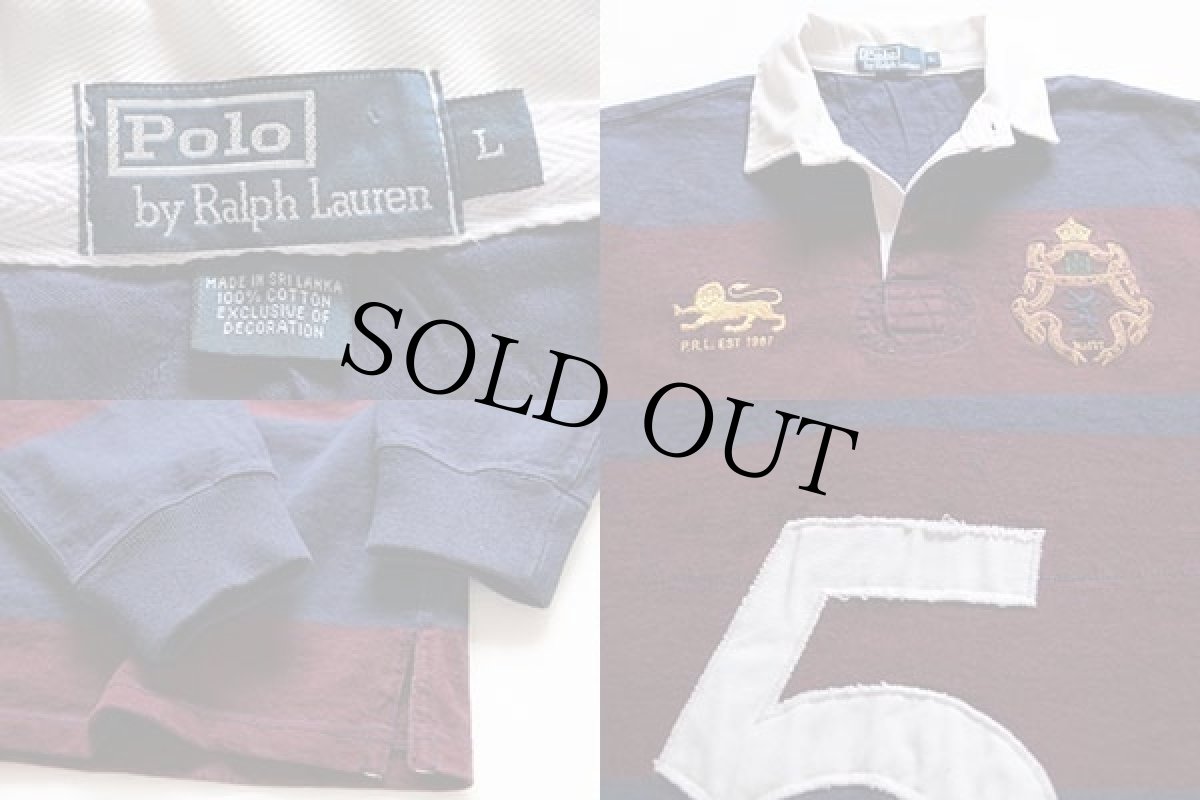 画像3: ポロ ラルフローレン ナンバリング 太ボーダー コットン ラガーシャツ バーガンディ×紺 L (3)