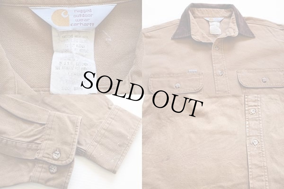 画像3: 90s carharttカーハート ダック地 ワークシャツ 茶 L (3)