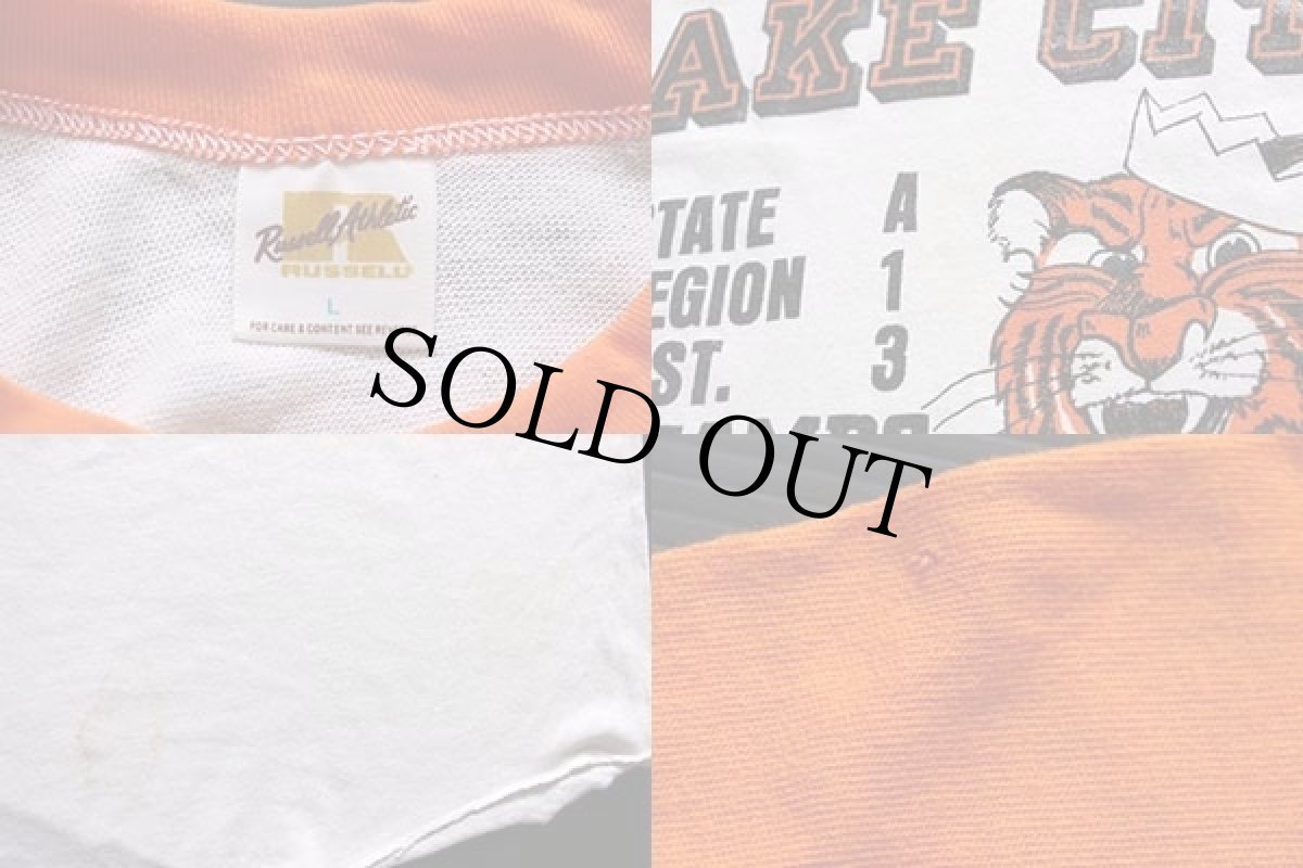 画像3: 70s USA製 RUSSELLラッセル LAKE CITY TIGERS 七分袖 ラグランTシャツ 白×オレンジ L (3)