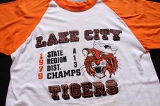 画像2: 70s USA製 RUSSELLラッセル LAKE CITY TIGERS ラグラン 七分袖Tシャツ 白×オレンジ L (2)