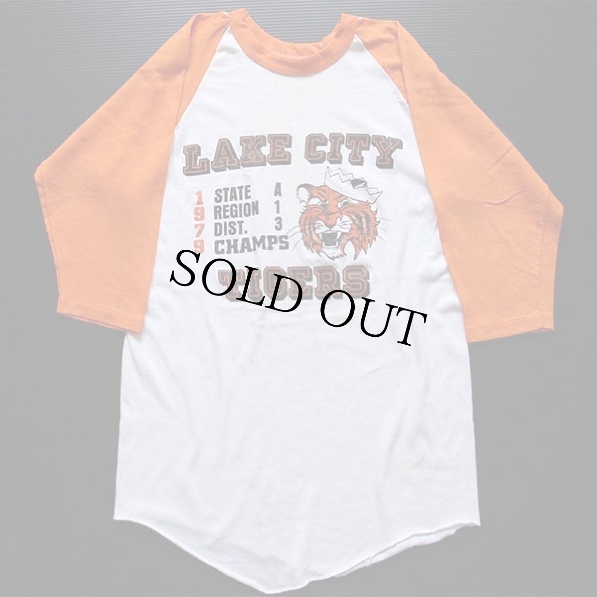 画像1: 70s USA製 RUSSELLラッセル LAKE CITY TIGERS 七分袖 ラグランTシャツ 白×オレンジ L (1)