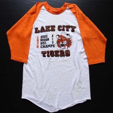 画像1: 70s USA製 RUSSELLラッセル LAKE CITY TIGERS ラグラン 七分袖Tシャツ 白×オレンジ L (1)