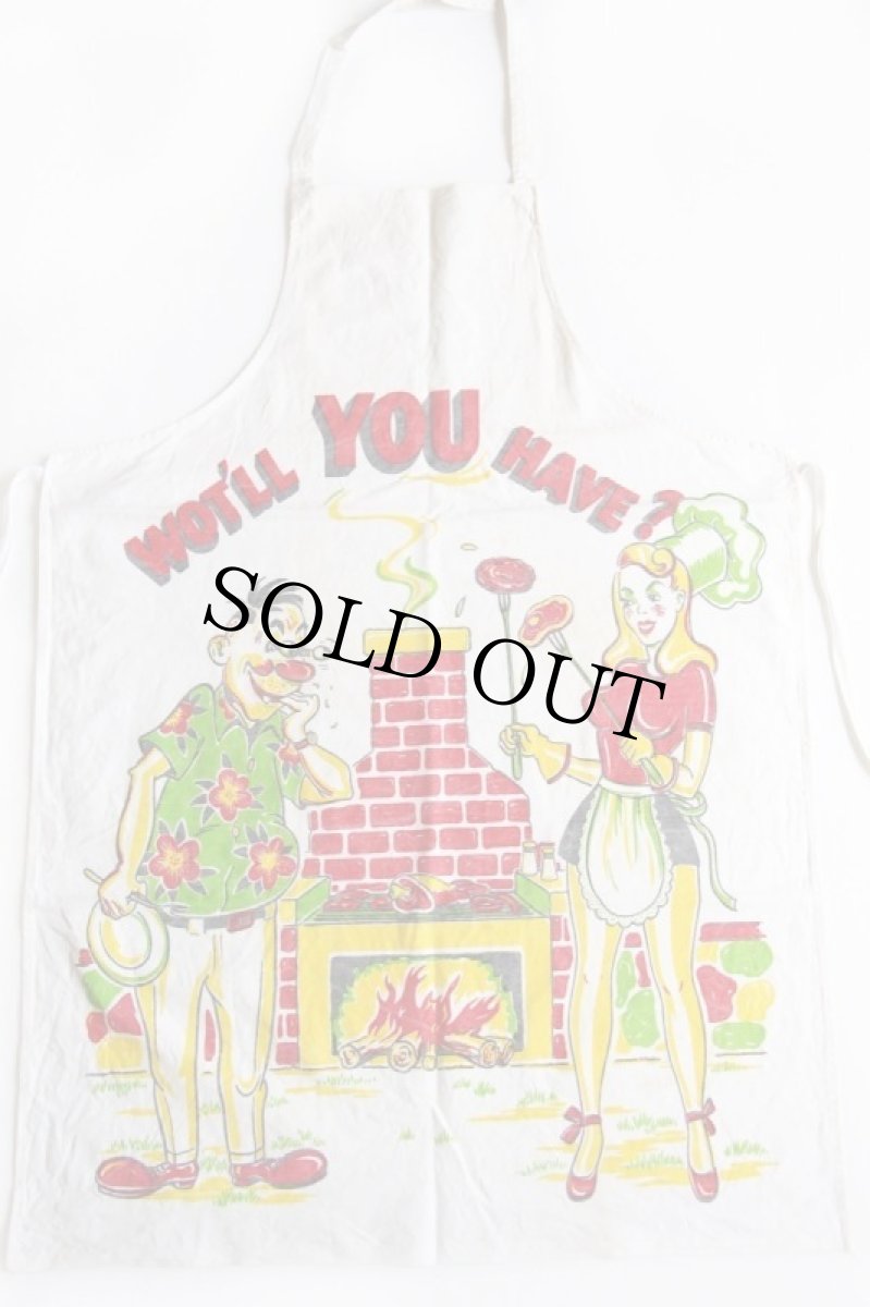 画像2: ビンテージ WOT'LL YOU HAVE? 染み込みプリント コットン エプロン 生成り (2)