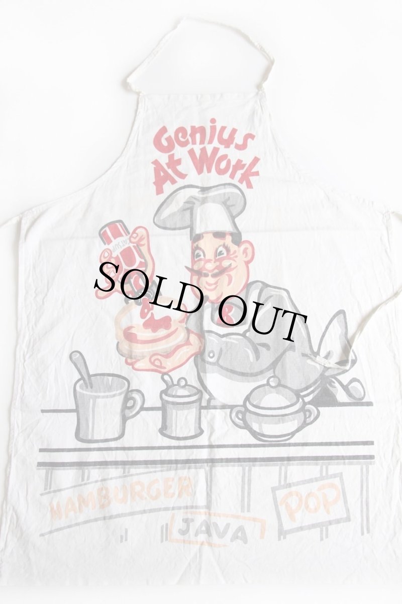 画像2: ビンテージ Genius At Work 染み込みプリント コットン エプロン 生成り★HAMBURGER (2)