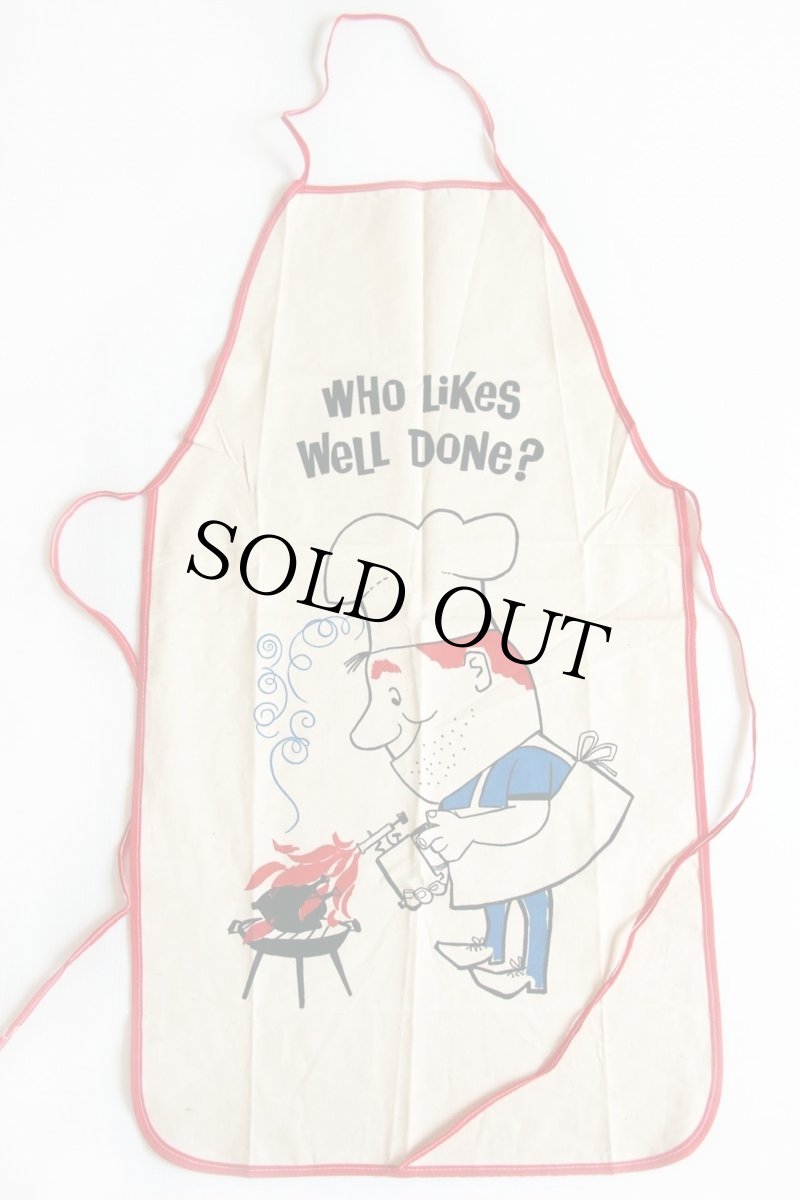画像2: デッドストック★ビンテージ WHO Likes Well Done? 染み込みプリント コットン エプロン 生成り (2)