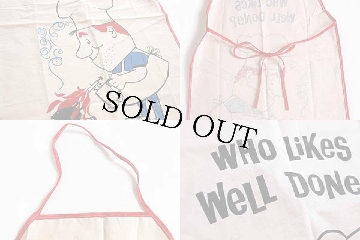 画像3: デッドストック★ビンテージ WHO Likes Well Done? 染み込みプリント コットン エプロン 生成り (3)