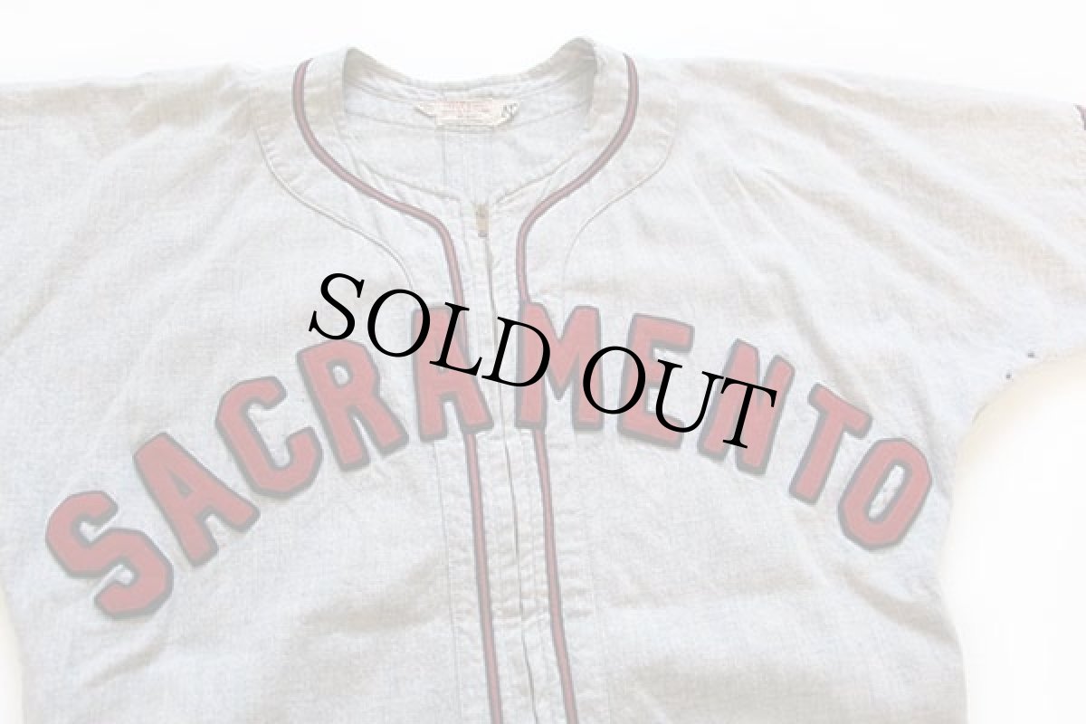 画像3: 50s USA製 Wilsonウィルソン SACRAMENTO フェルトパッチ ウール ベースボールシャツ 杢ブルーグレー 42 (3)