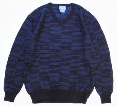 画像1: PENDLETONペンドルトン 編み柄 Vネック コットンニット セーター 紺 L (1)