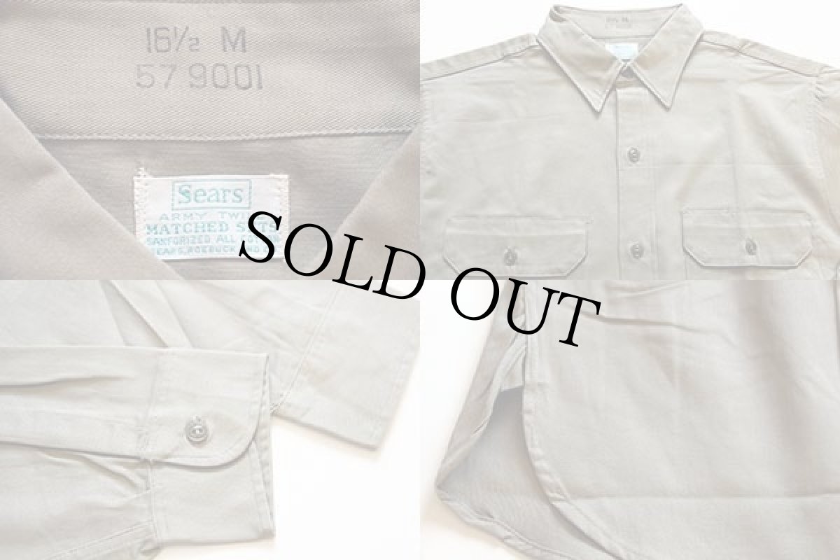 画像4: デッドストック★50s Sears マチ付き コットンツイル ワークシャツ カーキ 16.5 (4)