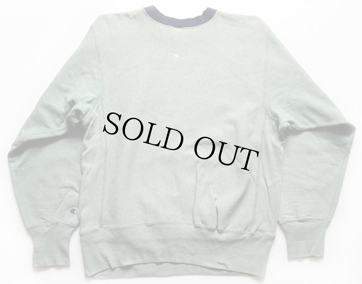 画像2: 90s USA製 Championチャンピオン レイヤードネック エルボーパッチ付き ツートン リバースウィーブ スウェット 杢グリーン×紺 L (2)