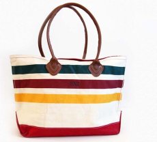 画像1: USA製 L.L.Bean BOAT AND TOTE レザーハンドル マルチボーダー キャンバス トートバッグ ジップトップ L★ラージ (1)