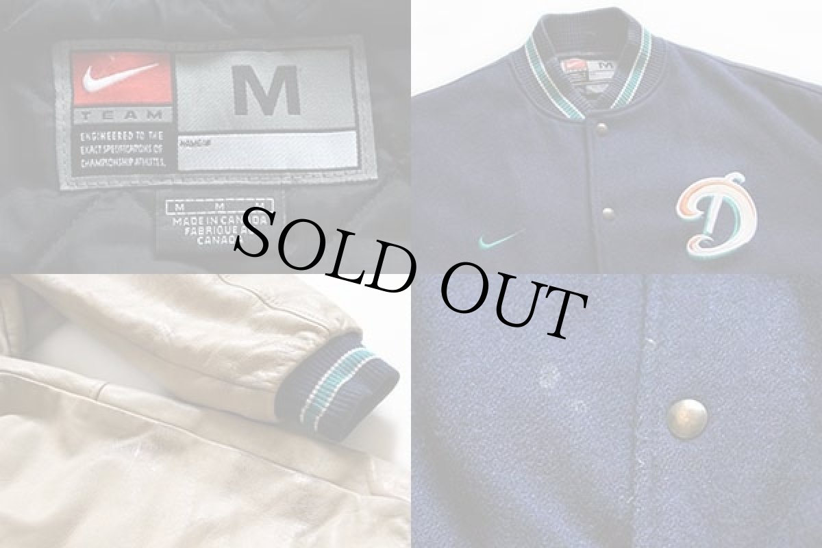 画像3: 90s カナダ製 NIKEナイキ NFL Dolphins刺繍 キルティングライナー メルトン ウール 袖革スタジャン 紺×ベージュ M (3)