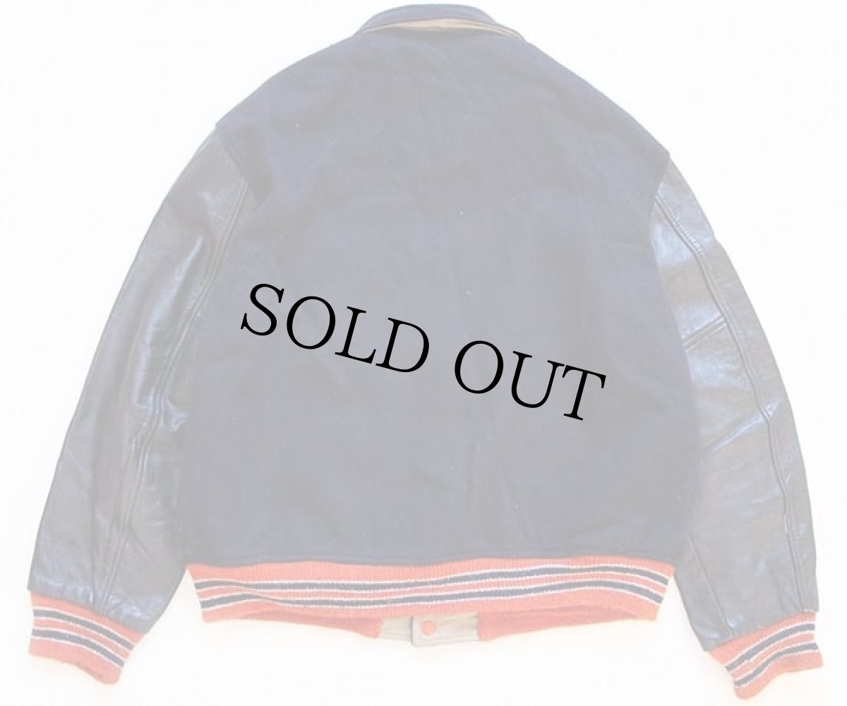 画像2: 80s USA製 BUTWINバトウィン パッチ付き リバーシブル メルトン ウール 袖革スタジャン 紺 42 (2)