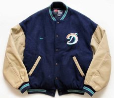 画像1: 90s カナダ製 NIKEナイキ NFL Dolphins刺繍 キルティングライナー メルトン ウール 袖革スタジャン 紺×ベージュ M (1)