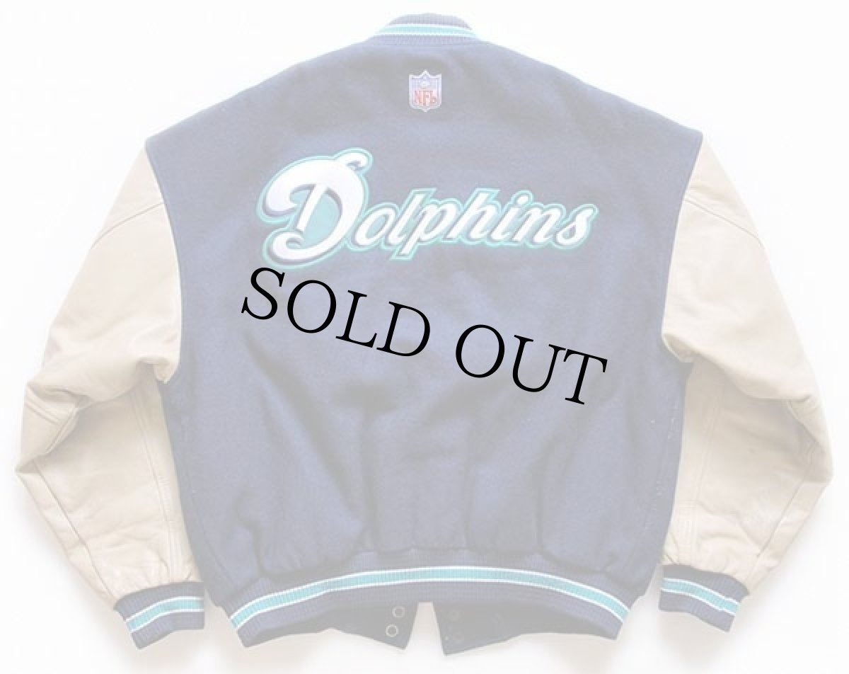 画像2: 90s カナダ製 NIKEナイキ NFL Dolphins刺繍 キルティングライナー メルトン ウール 袖革スタジャン 紺×ベージュ M (2)