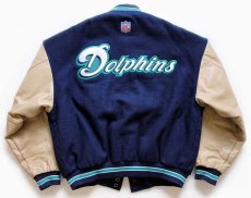 画像2: 90s カナダ製 NIKEナイキ NFL Dolphins刺繍 キルティングライナー メルトン ウール 袖革スタジャン 紺×ベージュ M (2)