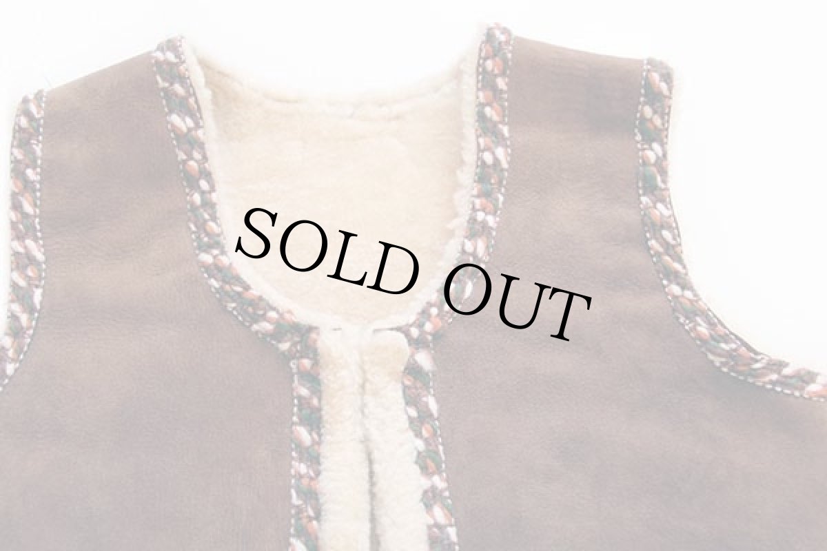 画像3: 70s ハンドメイド ステッチ装飾 ムートンベスト 茶 (3)