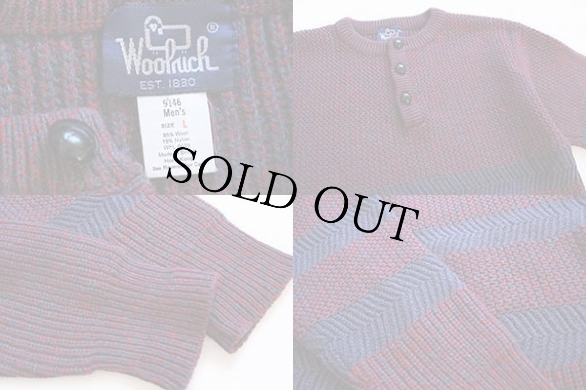 画像3: 80s Woolrichウールリッチ ヘンリーネック ボーダー ウールニット セーター 赤×グレー L (3)