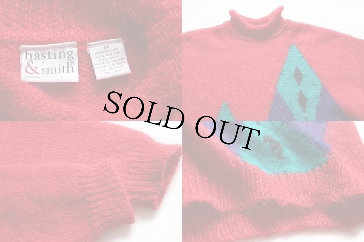 画像3: 90s hasting&smith アーガイル柄 ロールネック モヘヤ ニット セーター 赤 M (3)