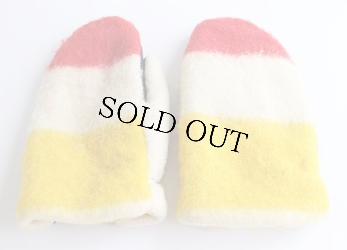 画像2: ビンテージ UNKNOWN マルチボーダー ボアライナー ウール×レザー ミトン グローブ★手袋 (2)