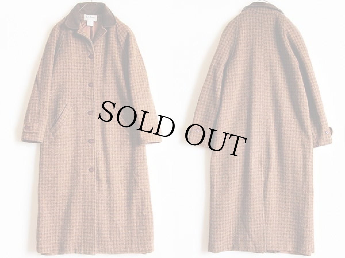 画像2: 90s USA製 L.L.Bean チェック ロング ツイード ウール ステンカラーコート W-S (2)