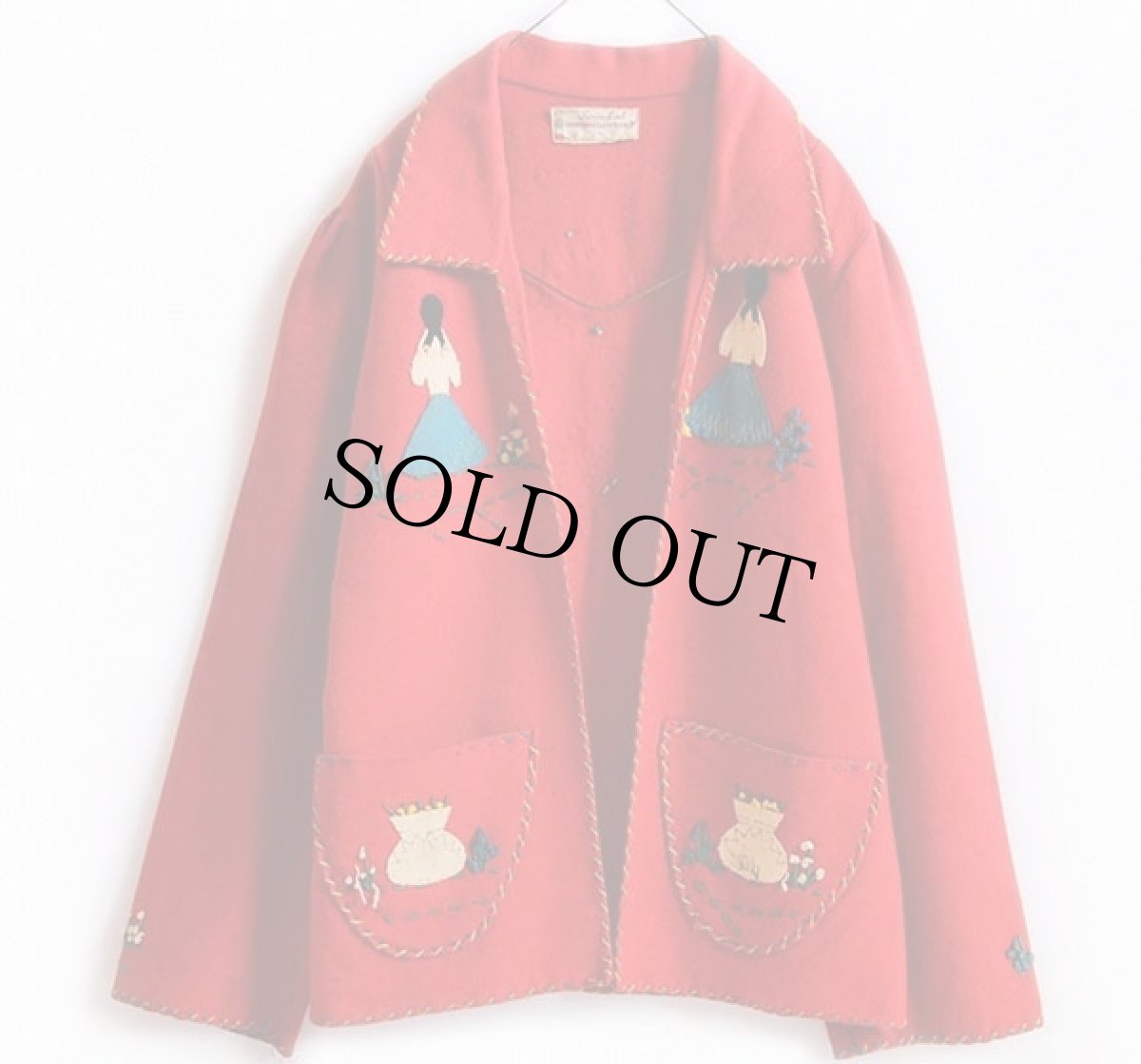 画像2: 50s メキシコ製 Garcia Leal ハンドメイド 刺繍入り メキシカン ウールジャケット 赤 (2)