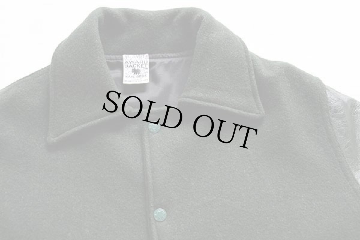 画像3: 70s KAYE BROS メルトン ウール ロング 袖革スタジャン 深緑 36 (3)