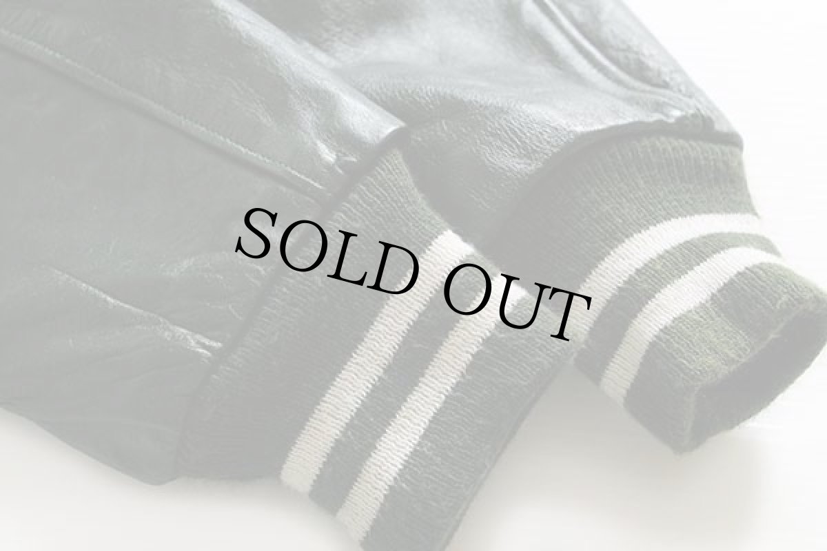 画像6: 70s KAYE BROS メルトン ウール ロング 袖革スタジャン 深緑 36 (6)