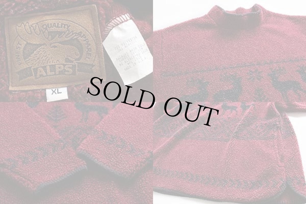 画像3: 90s USA製 ALPS 鹿柄 ノルディック柄 モックネック プルオーバー パイル フリース 赤 XL (3)