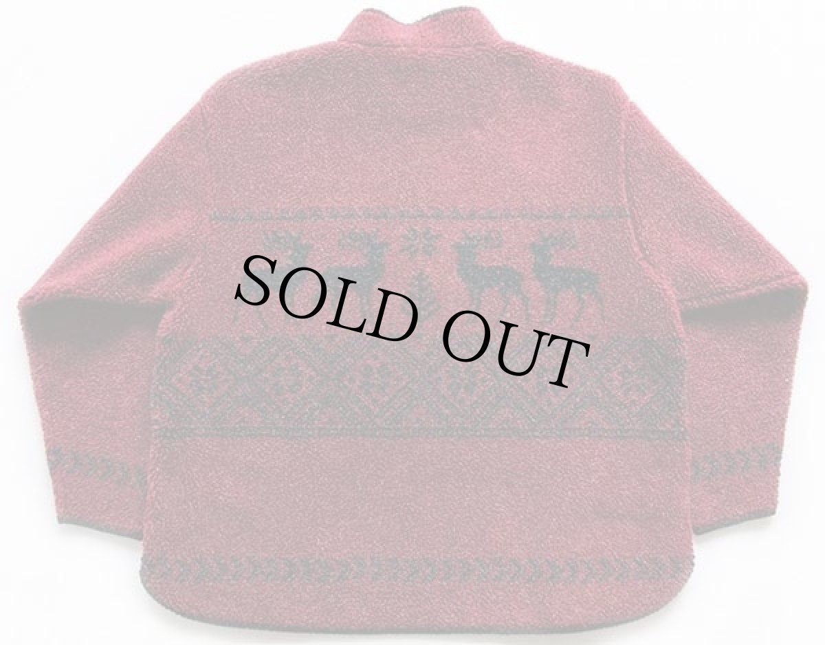 画像2: 90s USA製 ALPS 鹿柄 ノルディック柄 モックネック プルオーバー パイル フリース 赤 XL (2)