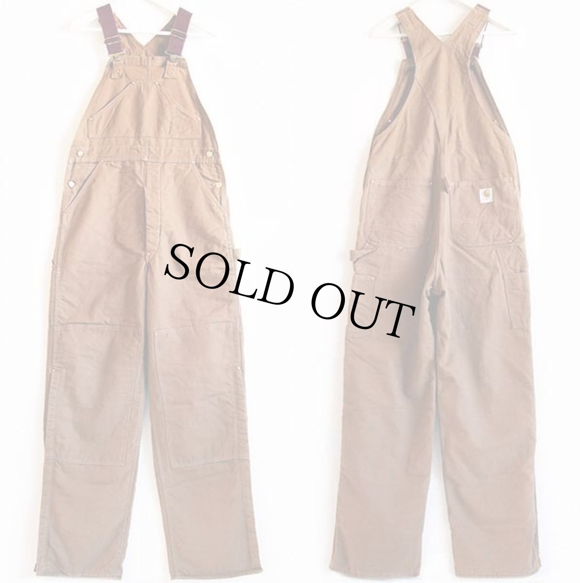 画像2: 70s USA製 carharttカーハート 山ポケ キルティングライナー ダック地 ダブルニー オーバーオール 茶 w34 L34 (2)