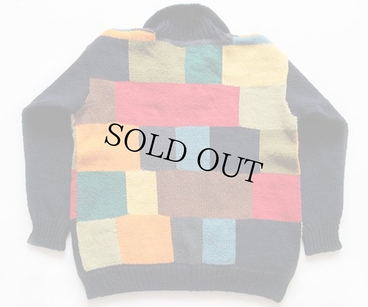 画像2: 90s ボリビア製 ARTESANIAS クレイジー パネル切り替え ラムウールニット カーディガン M★パッチワーク (2)