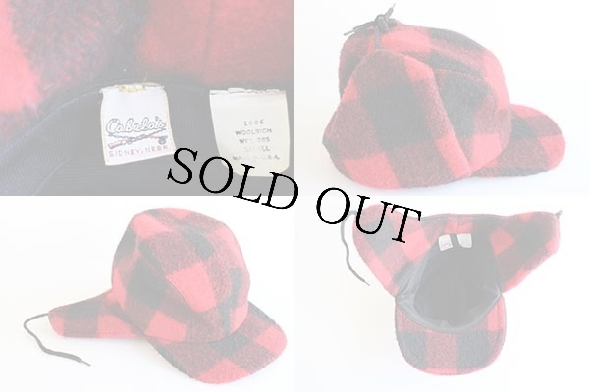 画像3: 80s USA製 Cabela'sカベラス Woolrichウールリッチ バッファローチェック 耳当て付き ウール ハンティングキャップ 赤×黒 S (3)