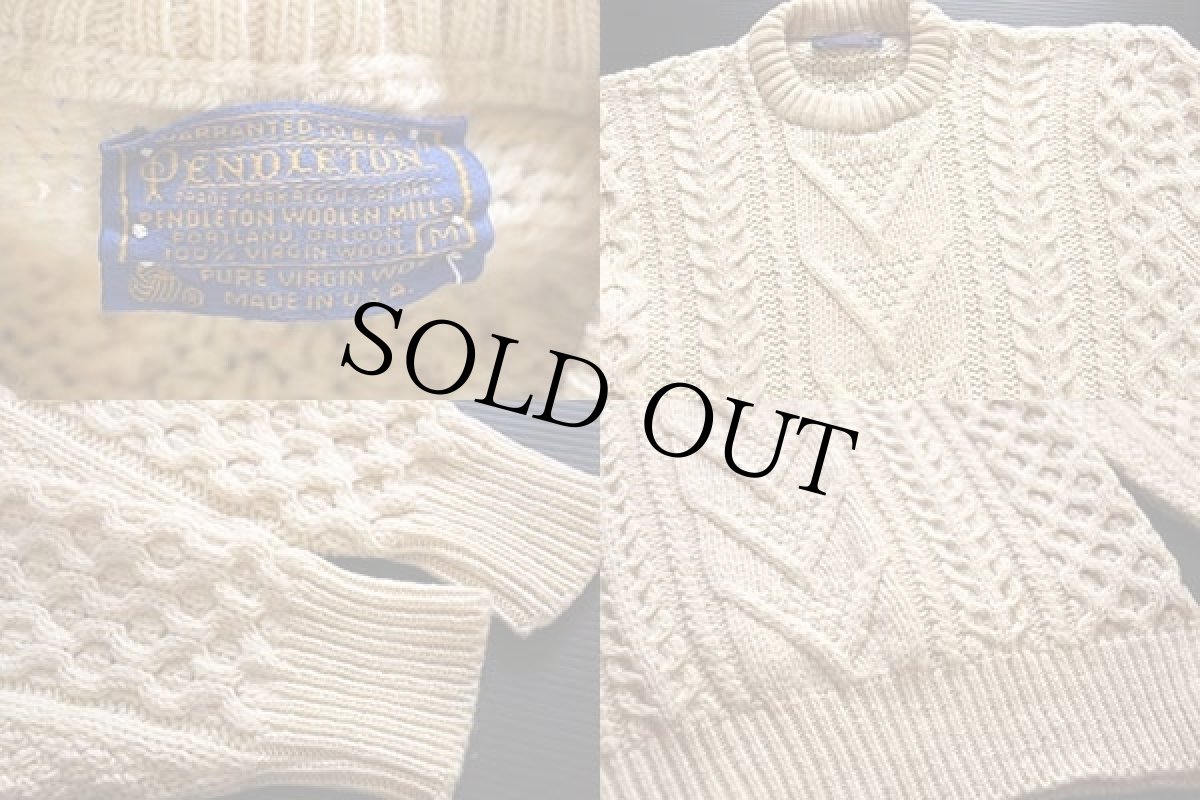 画像3: 70s USA製 PENDLETONペンドルトン ケーブル編み ウールニット セーター ナチュラル M (3)