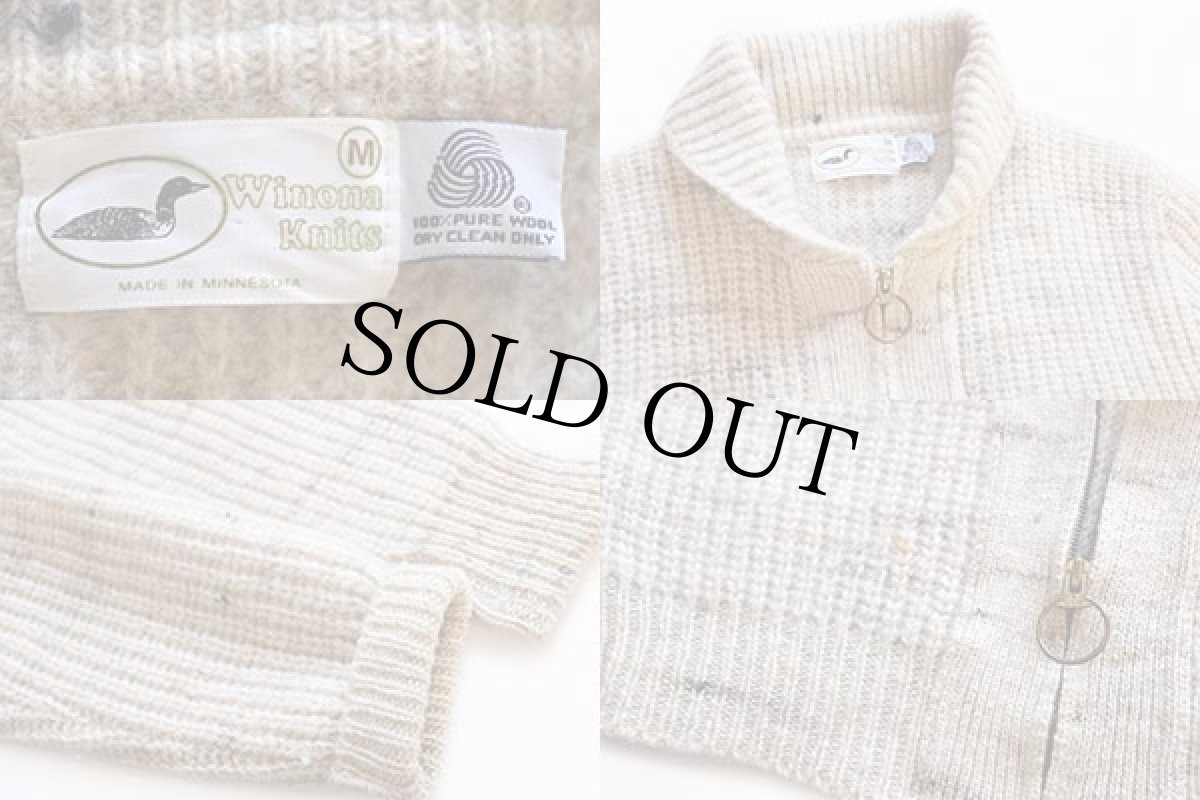 画像3: 80s USA製 Winona Knits ショールカラー ネップ入り ローゲージ ウールニット フルジップ セーター ナチュラル M (3)