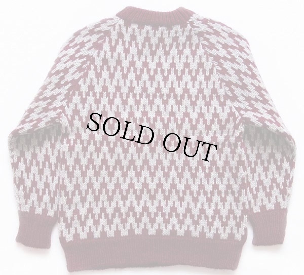 画像2: アイルランド製 Calary Products 総柄 ウール ハンドニット セーター ワインレッド×グレー M (2)