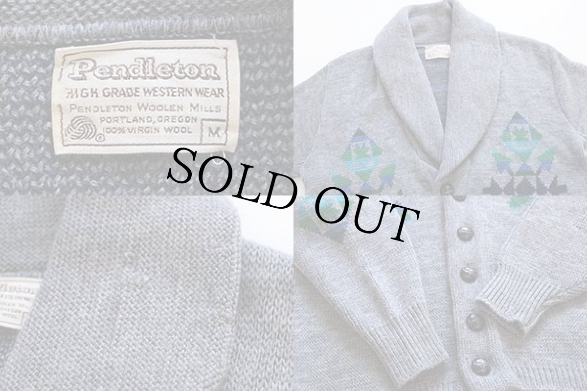 画像3: 70s PENDLETONペンドルトン ネイティブ柄 ショールカラー ジャガード ウールニット カーディガン グレー M (3)