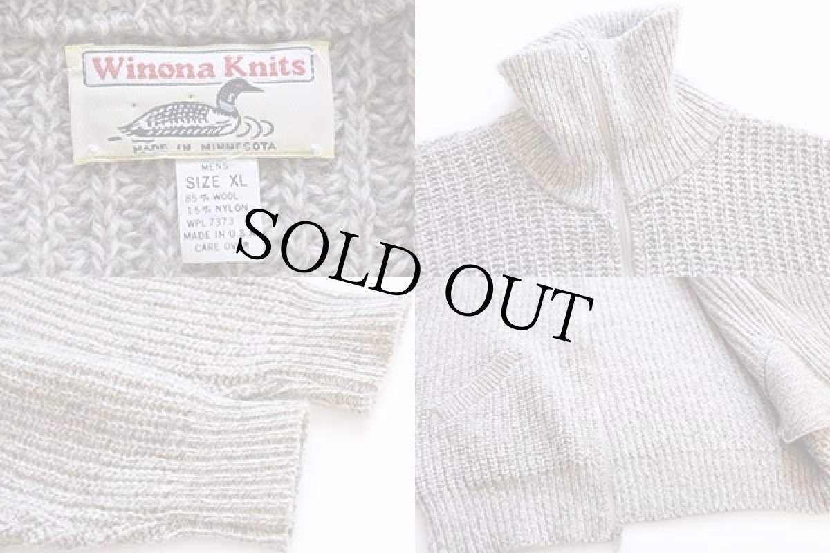 画像3: 90s USA製 Winona Knits タートルネック ウール ローゲージ ドライバーズニット フルジップ セーター グレーベージュ XL (3)