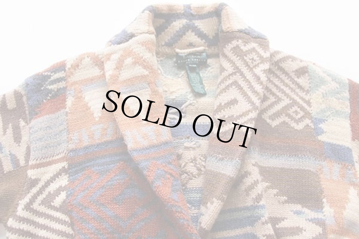 画像3: 00s LAUREN ラルフローレン ネイティブ柄 パッチワーク ショールカラー ウール ハンドニット ガウン M★カーディガン (3)