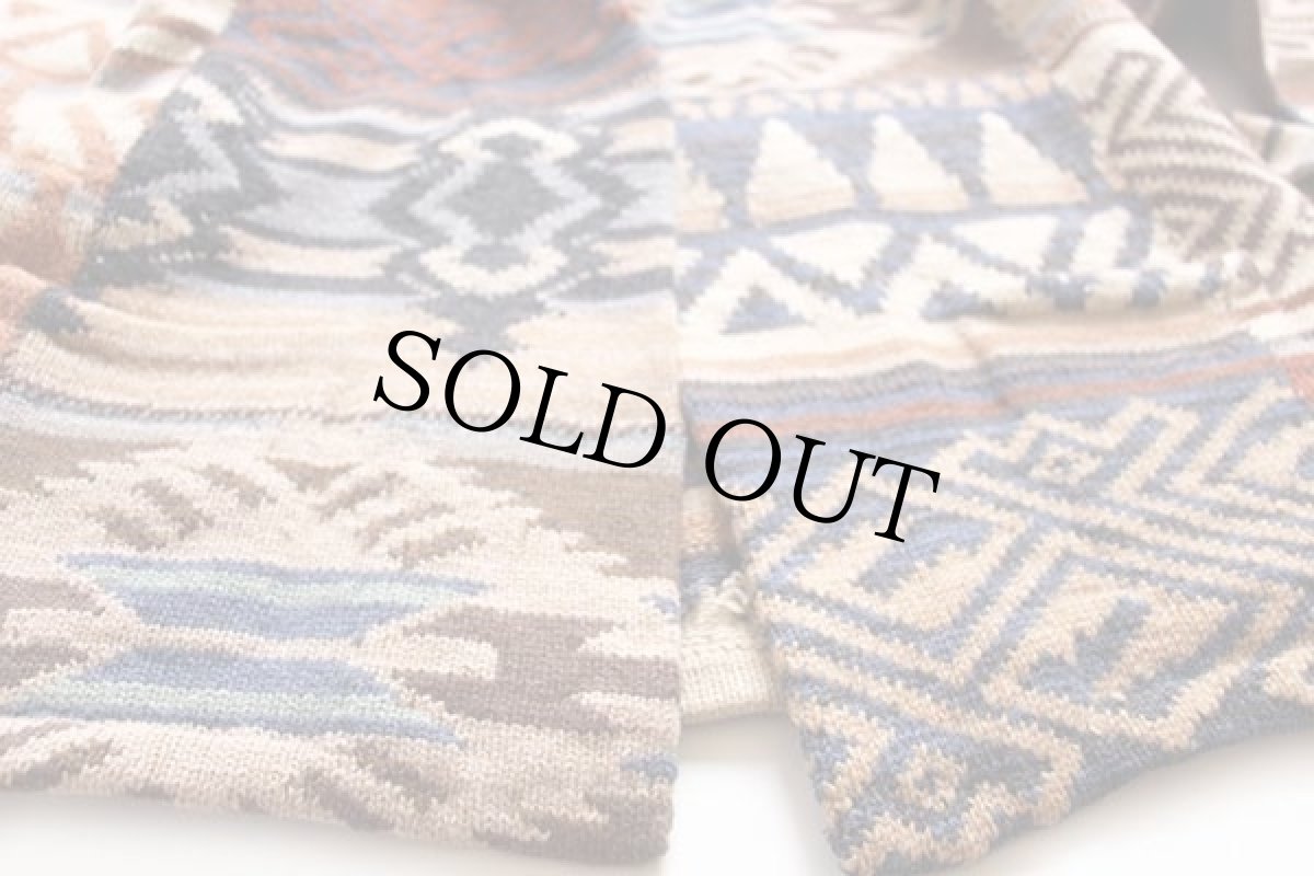 画像7: 00s LAUREN ラルフローレン ネイティブ柄 パッチワーク ショールカラー ウール ハンドニット ガウン M★カーディガン (7)