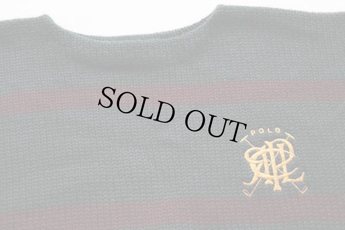 画像3: 90s ポロ ラルフローレン ロゴ刺繍 ボーダー ボートネック ローゲージ ウールニット セーター 緑×バーガンディ XL (3)