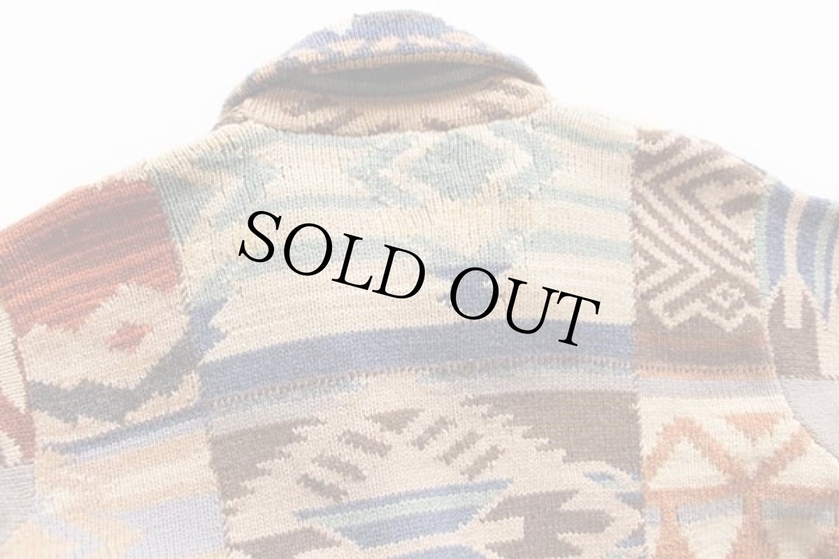 画像4: 00s LAUREN ラルフローレン ネイティブ柄 パッチワーク ショールカラー ウール ハンドニット ガウン M★カーディガン (4)