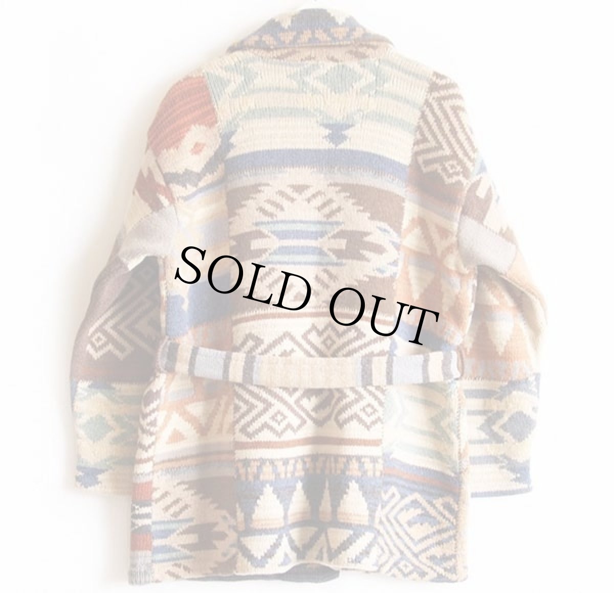 画像2: 00s LAUREN ラルフローレン ネイティブ柄 パッチワーク ショールカラー ウール ハンドニット ガウン M★カーディガン (2)